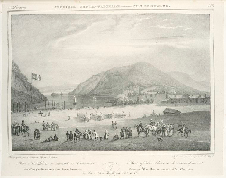 West Point Band in 1826 performing music during cadet exercises. Band is visible on the left side. Lithograph by Milbert.