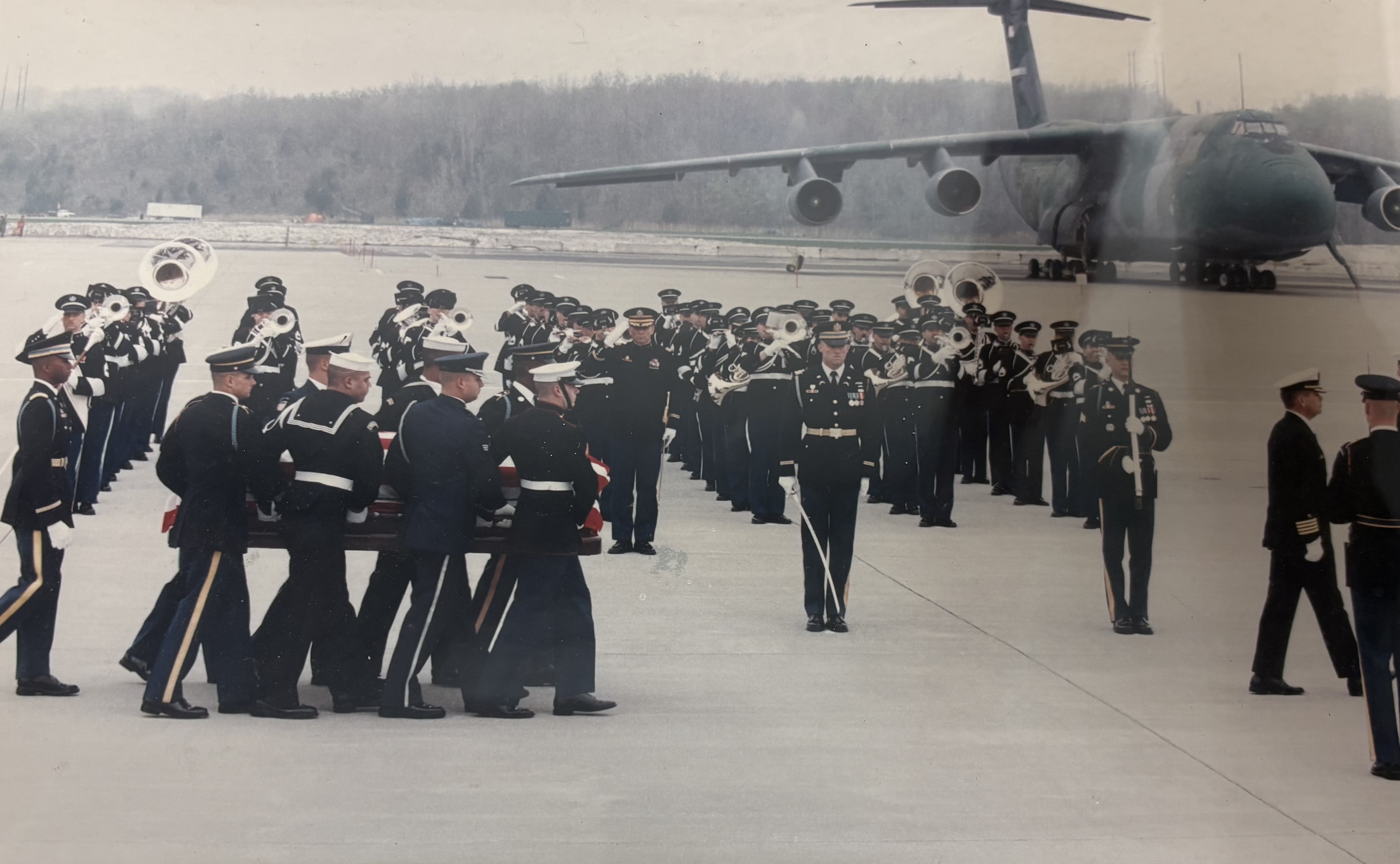 Band performs ceremonial music for President Nixon's remains transfer at Stewart AFB, 1994.