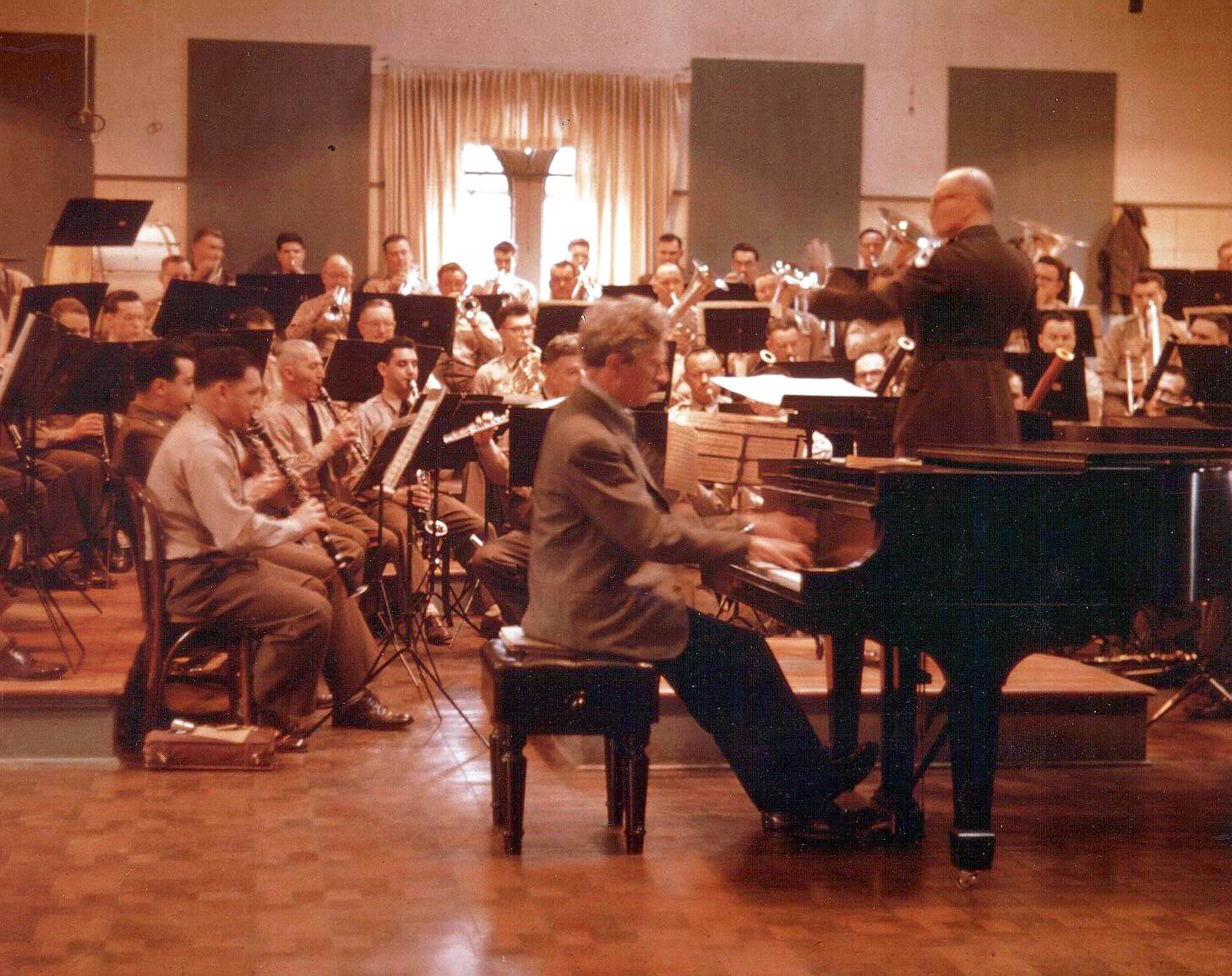 Percy Grainger in rehearsal with the West Point Band, 1951.