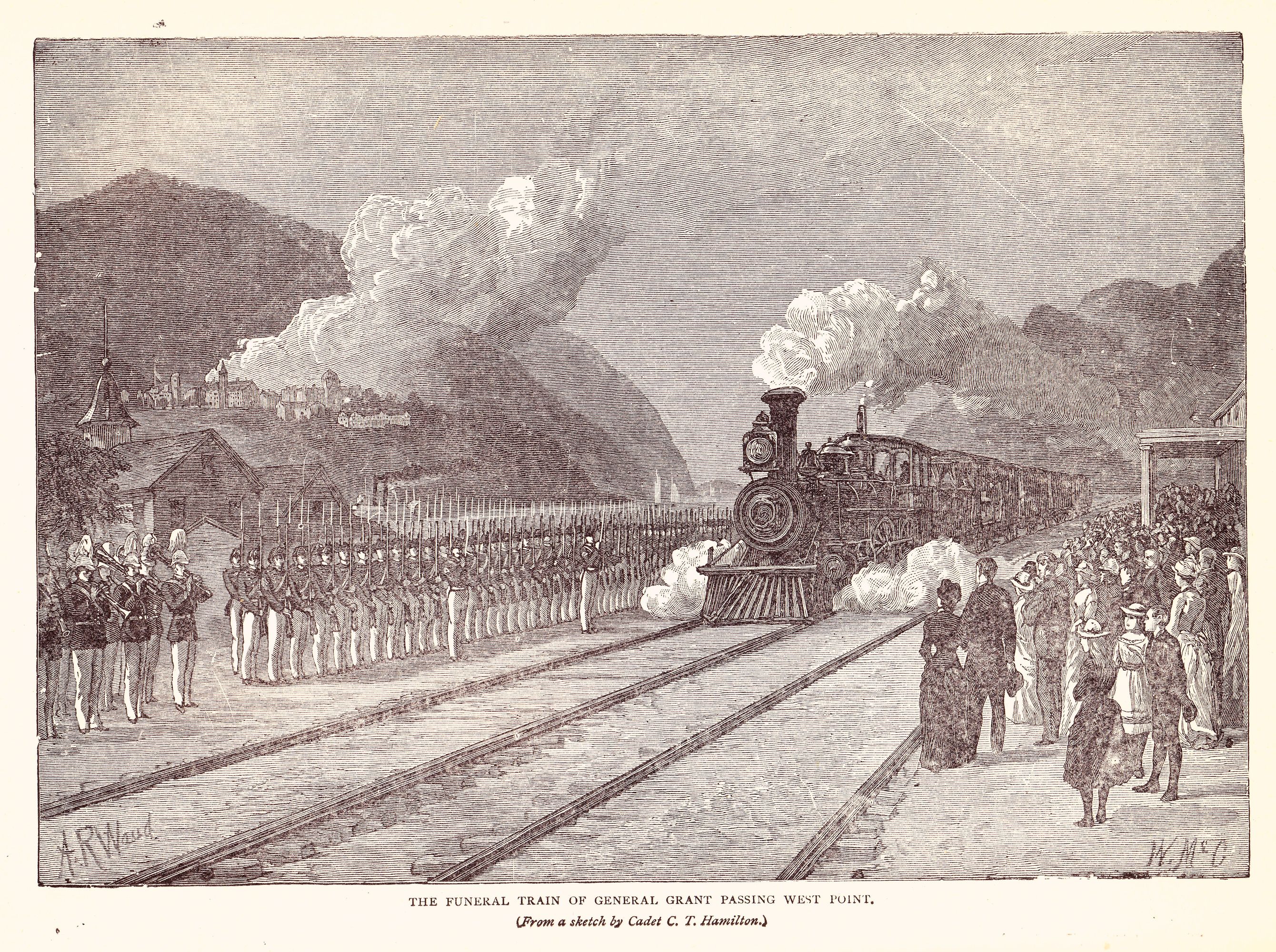 Sketch of Grant’s funeral train passing through West Point in 1885. Band is performing to the left of the cadets.