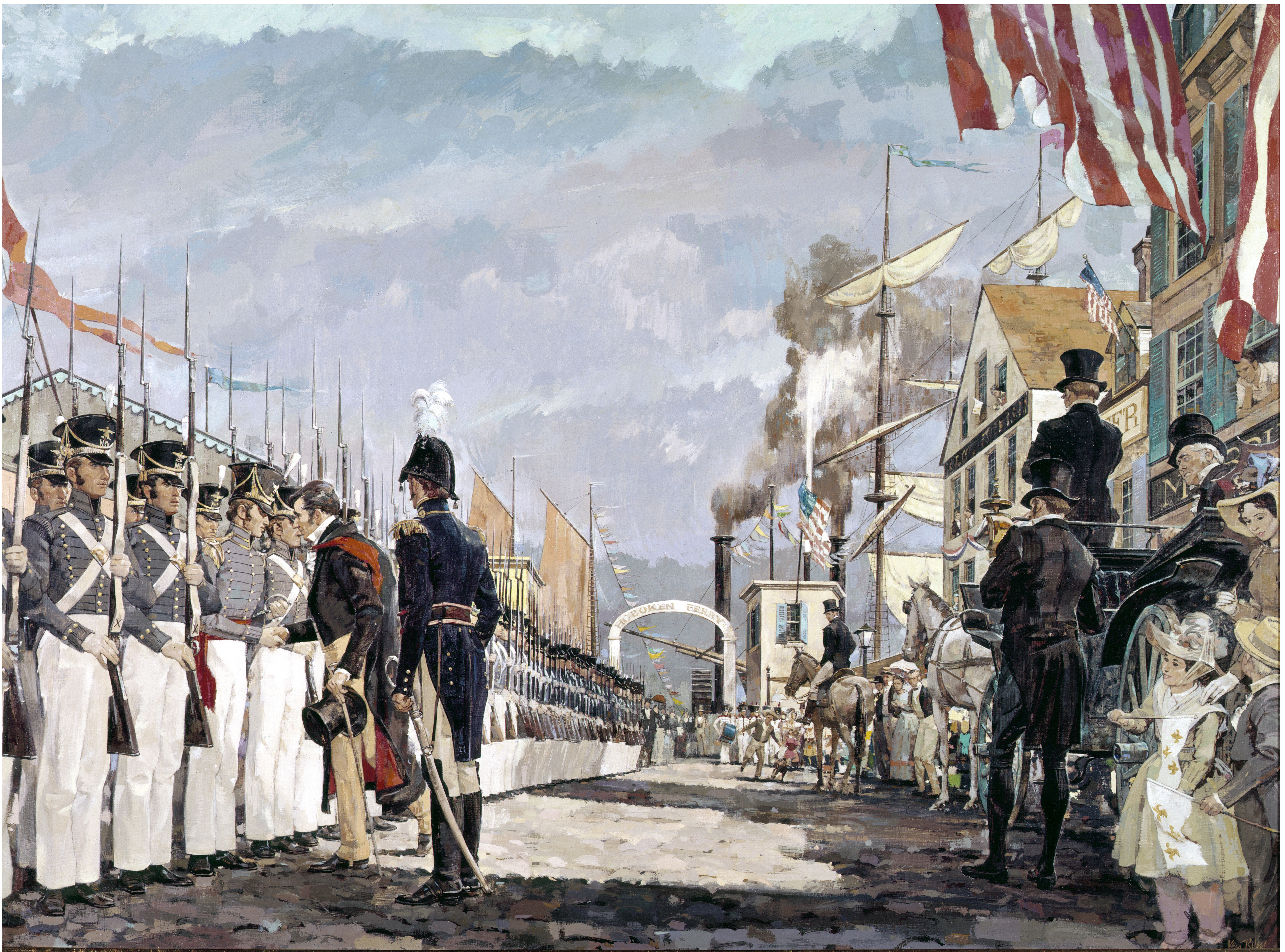 Painting of Lafayette's 1824 visit to New York by Ken Riley. West Point Band in its distinctive red and white uniform visible in the background.