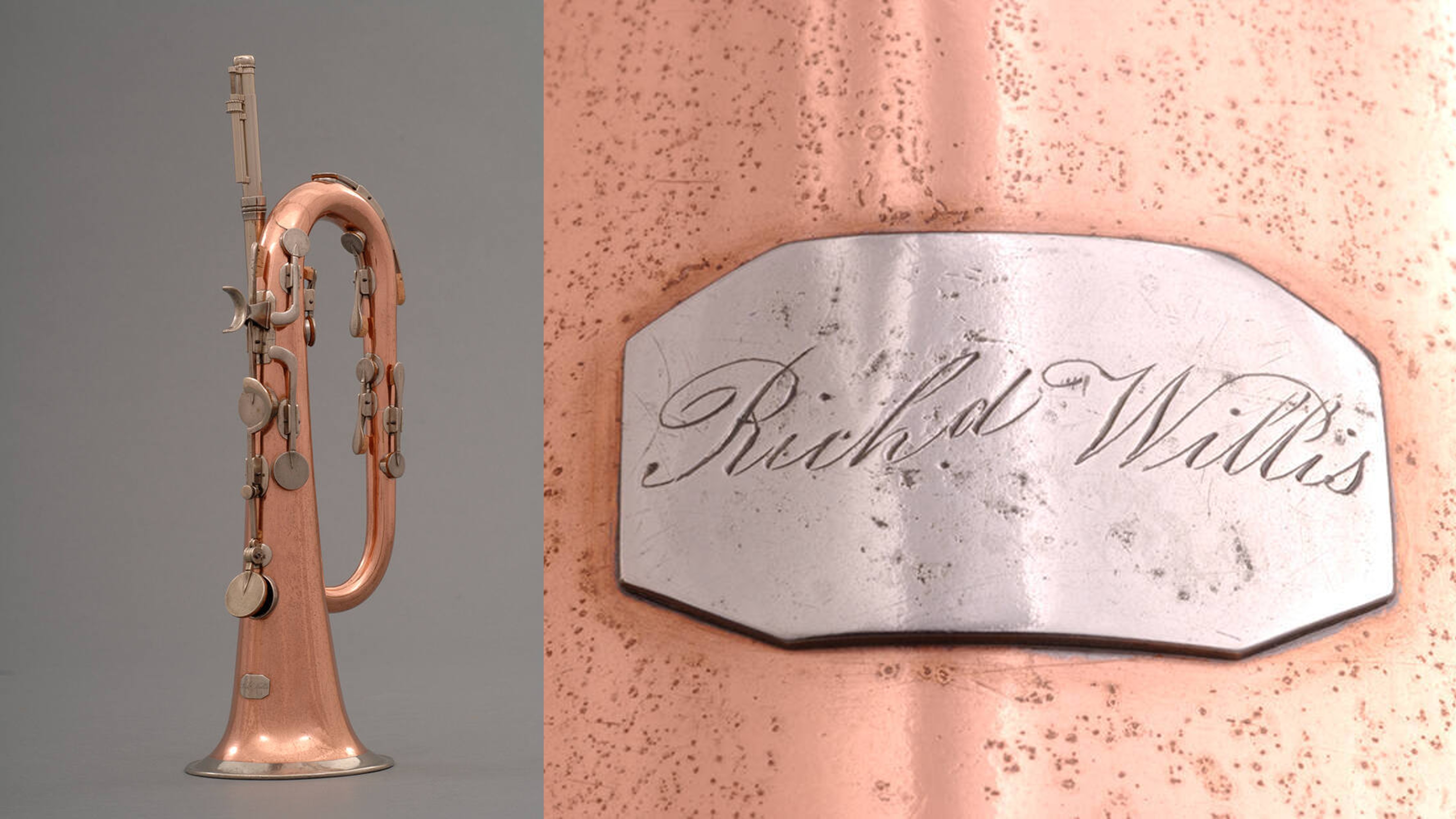 Based on the inscription on the name on the bell, the presumed original owner of this keyed bugle was Richard Willis (1790-1830). Willis was the first full-time teacher of music, bandmaster, and composer at West Point. (The collection held at the National Music Museum, South Dakota)