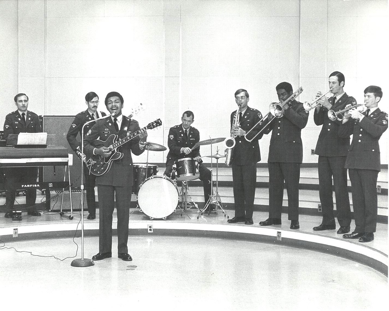 The West Point Band's rock ensemble, "The Beginnings" in 1972. This group would serve as the prototype for the Jazz Knights (serving the Academy from 1972 to 2014) and also the current West Point popular music group, "Benny Haven's Band."