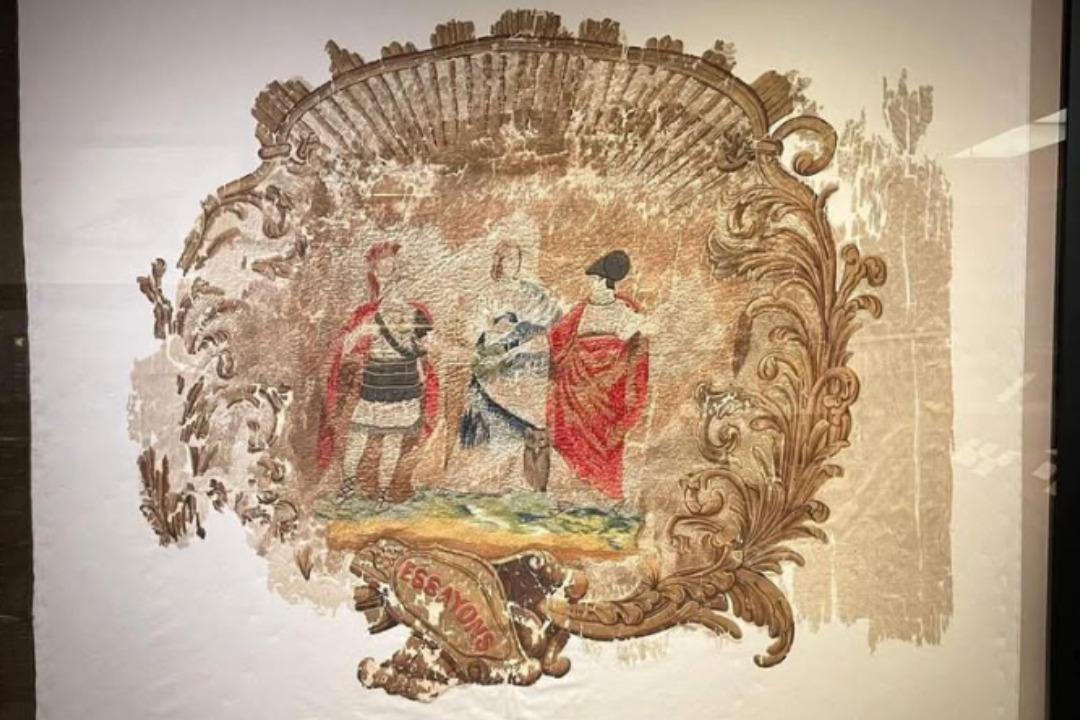 A flag issued to the Corps of Cadets, patterned after the flags given by the City of Boston in 1821 during the Boston campaign. The motto, “Essayons,” is the slogan of the Corps of Engineers, the branch of the Army that administered West Point in 1821. (The collections at the West Point Museum)